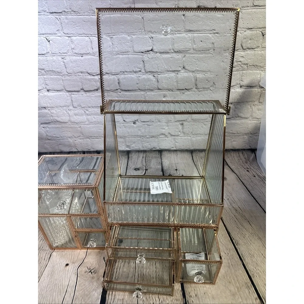 Elegant Glass Cosmetic Organizer with Laced Edge 3 Piece Set, Antique-Gold
